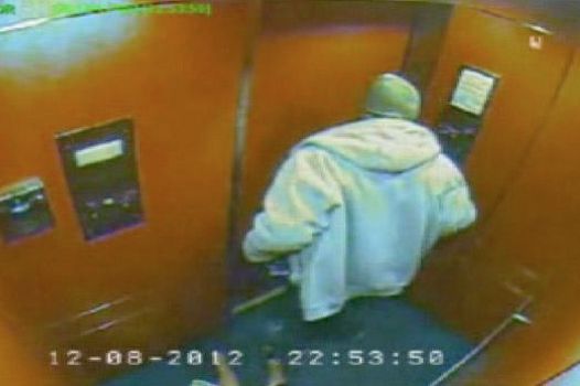 Surveillance image from the most recent elevator robbery on Saturday night.